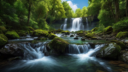 Beautiful waterfall in the deep forest. Panorama of a waterfall in deep forest.の写真素材