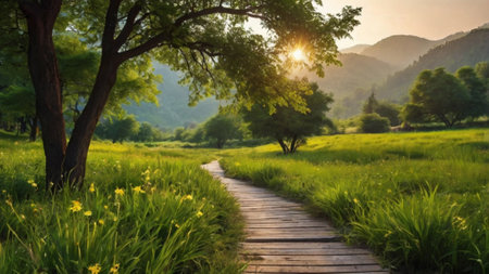 Wooden path in the park with daffodils and sunset