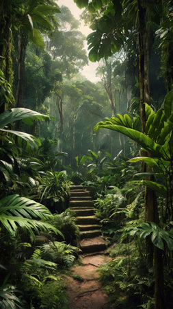 Stairs in the rainforest with tropical plants and trees in the backgroundの写真素材
