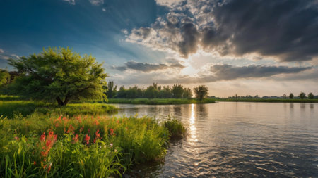 Sunset on the river in the summer. Landscape of the river.の写真素材