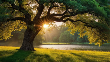 Sunset over a lake in a summer park with a big treeの写真素材