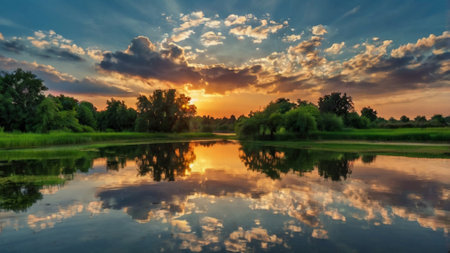 Beautiful sunset over the river. Landscape with a lake.の写真素材