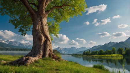Beautiful summer landscape with big tree on lake and mountains in backgroundの写真素材