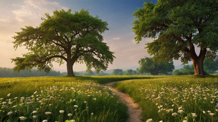 Old oak trees in the meadow at sunset, 3d renderの写真素材