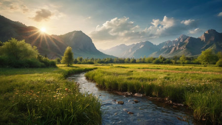 Beautiful summer landscape with river and mountains in the background at sunsetの写真素材