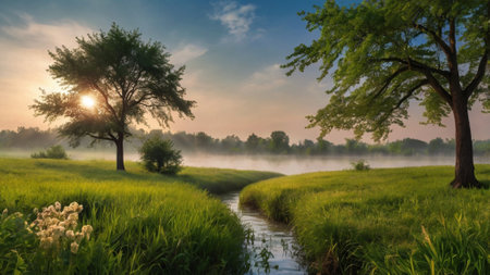 Sunrise in the meadow with fog and tree. Landscapeの写真素材
