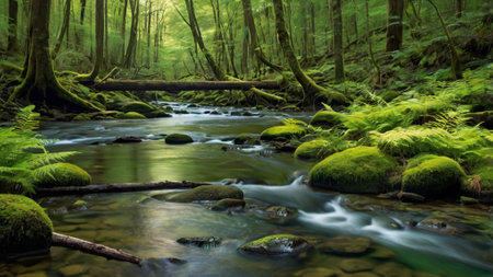 River in the forest with mossy stones and green fernsの写真素材