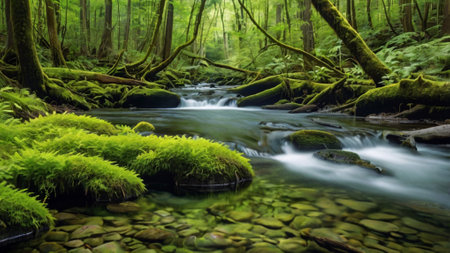 Mossy rocks in a stream in a green forest with a waterfallの写真素材