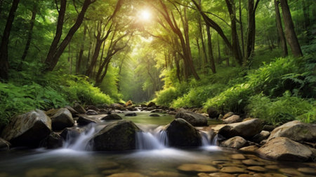 Beautiful river flowing through the green forest in the morning. Nature background