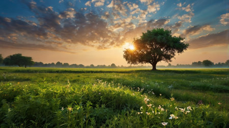 Sunset over a meadow with a tree in the foreground.の写真素材