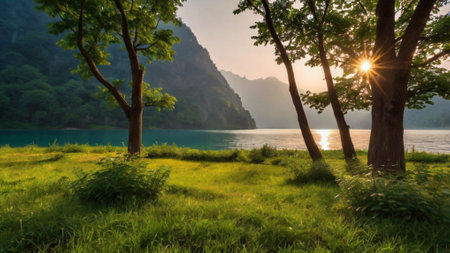beautiful view of mountains and lake in the morning, panoramaの写真素材