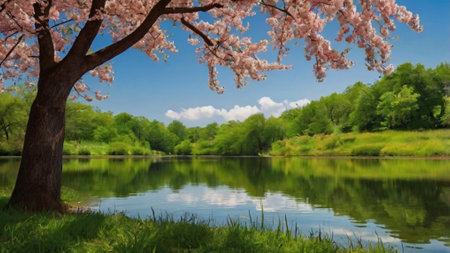 Spring landscape with cherry blossom trees and lake in the park.の写真素材