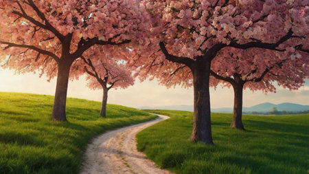 Beautiful cherry blossom trees in spring time. 3D rendering