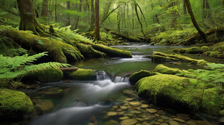 Stream in the green forest with mossy rocks and ferns