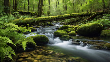 Beautiful forest stream in the forest with moss and fernsの写真素材