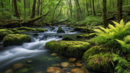 Mossy rocks and flowing stream in the green forest during summer