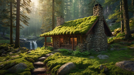 Wooden cottage in the forest with green moss. 3d renderの写真素材