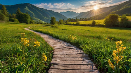 Wooden walkway on a meadow in the mountains at sunsetの写真素材