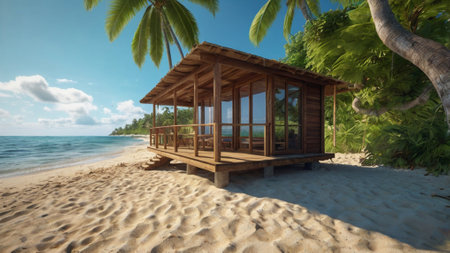 Wooden gazebo on tropical beach. 3d render