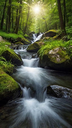 Mountain stream in the green forest. Beautiful nature scene with a waterfall