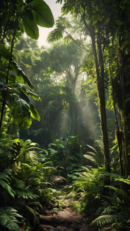 Tropical rainforest with sunbeams and fog in the morningの写真素材