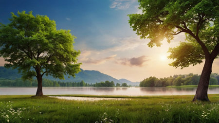 Beautiful landscape of lake with tree and green grass at sunset.の写真素材