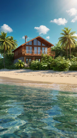 Tropical beach with wooden bungalows. 3d renderの写真素材