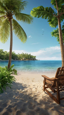 Beach chair and palm tree on the sand. 3d renderの写真素材