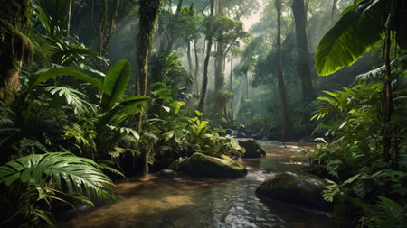 Beautiful tropical rainforest with a stream flowing through the jungle.の写真素材