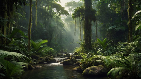 Beautiful tropical rainforest with a stream flowing through the jungle.の写真素材