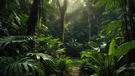 Beautiful tropical rainforest with green trees and sunlight in the morning