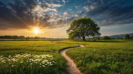Beautiful summer landscape with a lonely tree and meadow at sunsetの写真素材