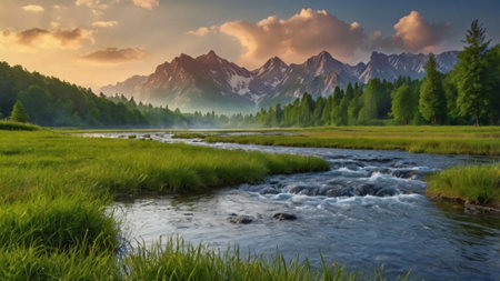 Beautiful summer landscape with mountain river and high peaks in the backgroundの写真素材