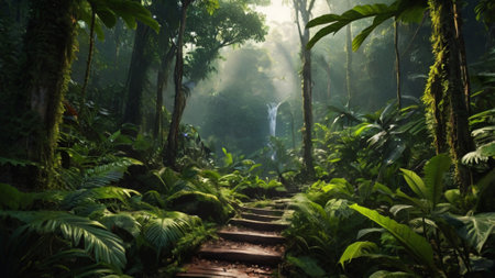 Hiking trail in the rainforest of Bali island, Indonesiaの写真素材