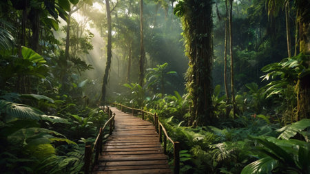Wooden walkway in rainforest with sunbeams and fog