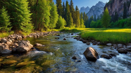 Mountain river in the Dolomites, Italy. Panoramic view