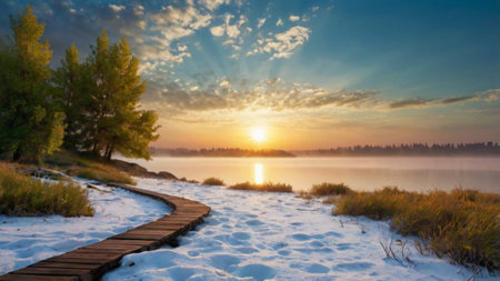 Winter landscape with a wooden walkway to the lake at sunrise.の写真素材