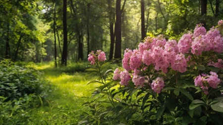 Beautiful pink rhododendron flowers in the forest.