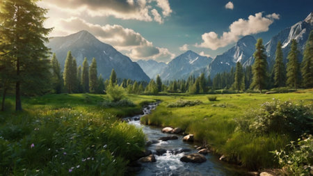 Panorama of the mountain river in the summer. Altai, Siberia, Russiaの写真素材
