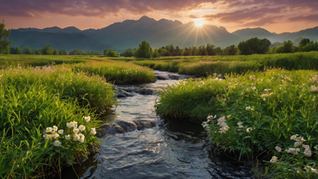 Beautiful landscape with river and mountains in the background at sunset.の写真素材