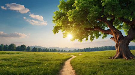Beautiful summer landscape with green meadow and big old oak treeの写真素材