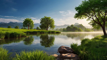 Landscape scenery view of a lake in the morning with mountain background