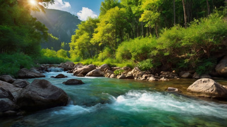 beautiful mountain river flowing through the green forest. nature background.の写真素材