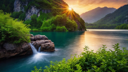 Beautiful summer landscape with mountain river and waterfall in the mountains.の写真素材