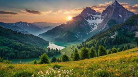 Panoramic view of alpine meadow and mountain lake in the Swiss Alps.の写真素材