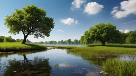 Beautiful landscape with green trees on the river bank and blue skyの写真素材