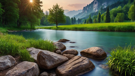 Landscape with mountain river and green meadow at sunset time.の写真素材