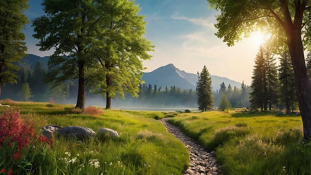 Panoramic view of idyllic alpine meadow in the morning