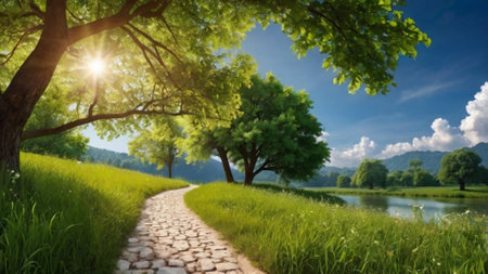 beautiful landscape with river and green trees on sunny day, panoramaの写真素材