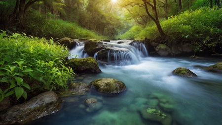 Beautiful waterfall in tropical forest, Thailand. Nature landscape background.の写真素材